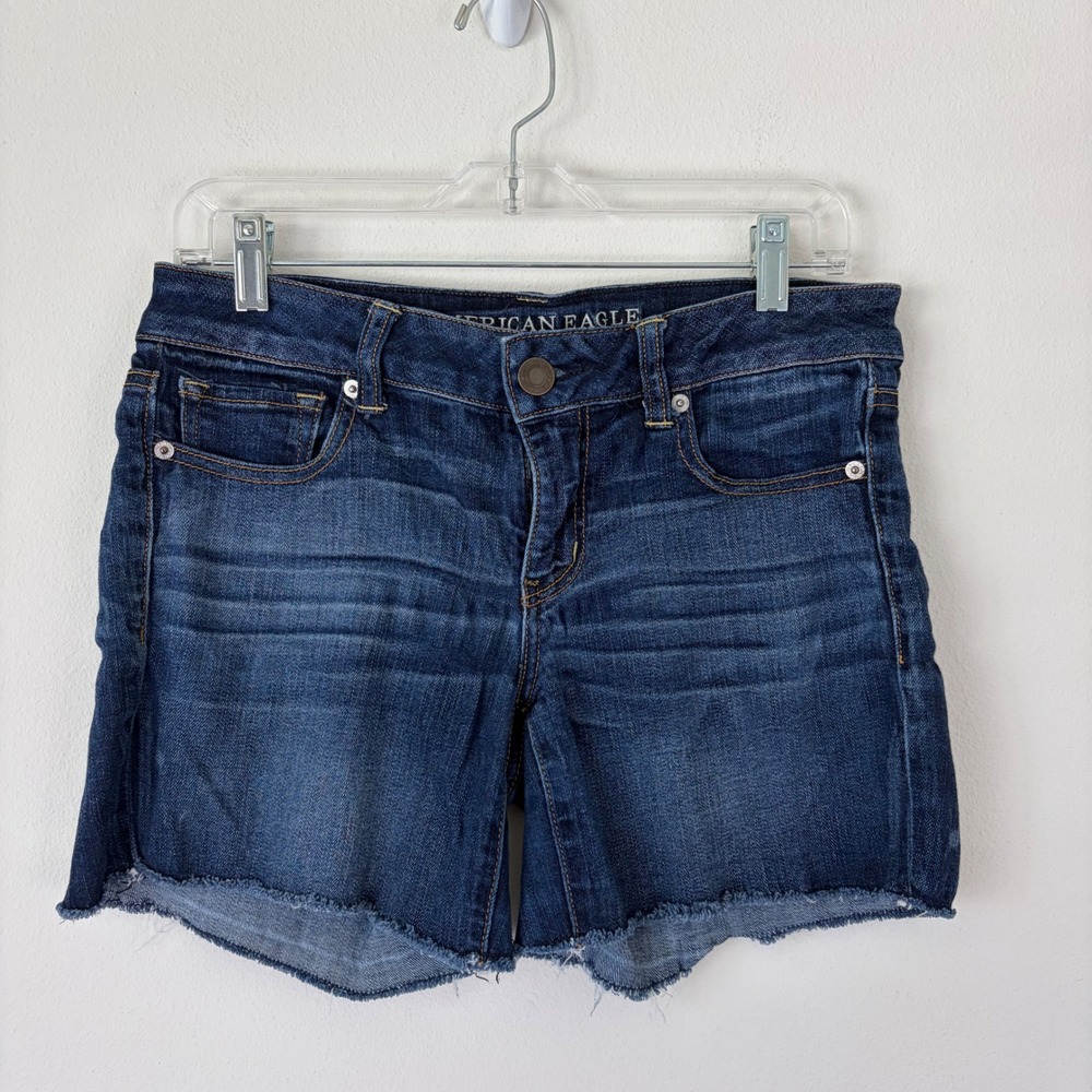 American Eagle Outfitters Womens Dark Wash Raw Hem Stretch Denim Shorts Size 10